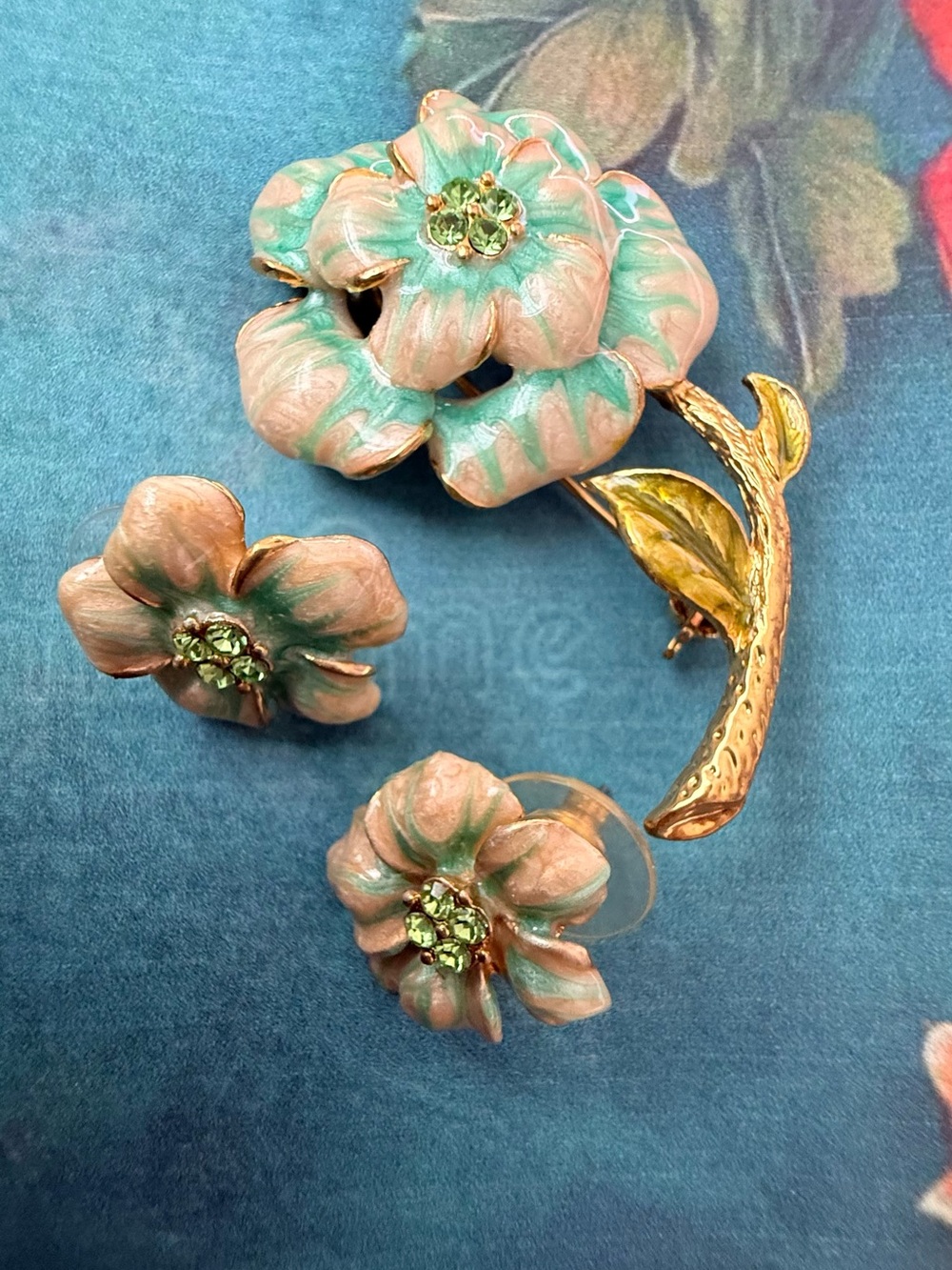 Hand-Painted Pink & Turquoise Floral Brooch and Pierced Earrings Set
